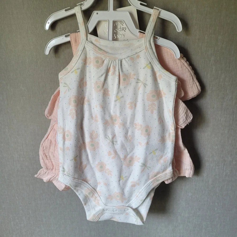 Catherine Malandrino 4pc Outfit Set Baby 6-9M Pink NWT Gauze Floral Cottagecore